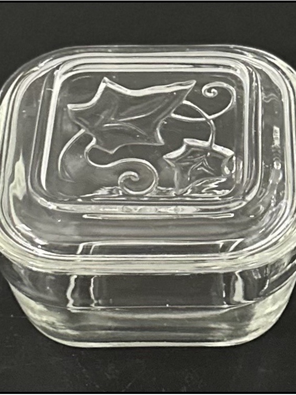 Vintage Clear Glass refrigerator Storage Container with Decorative Leaf Lid